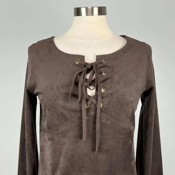 Chelsea Violet Womens Brown Faux Suede Shift Dress Lace Up Bodice size Small - Picture 2 of 12
